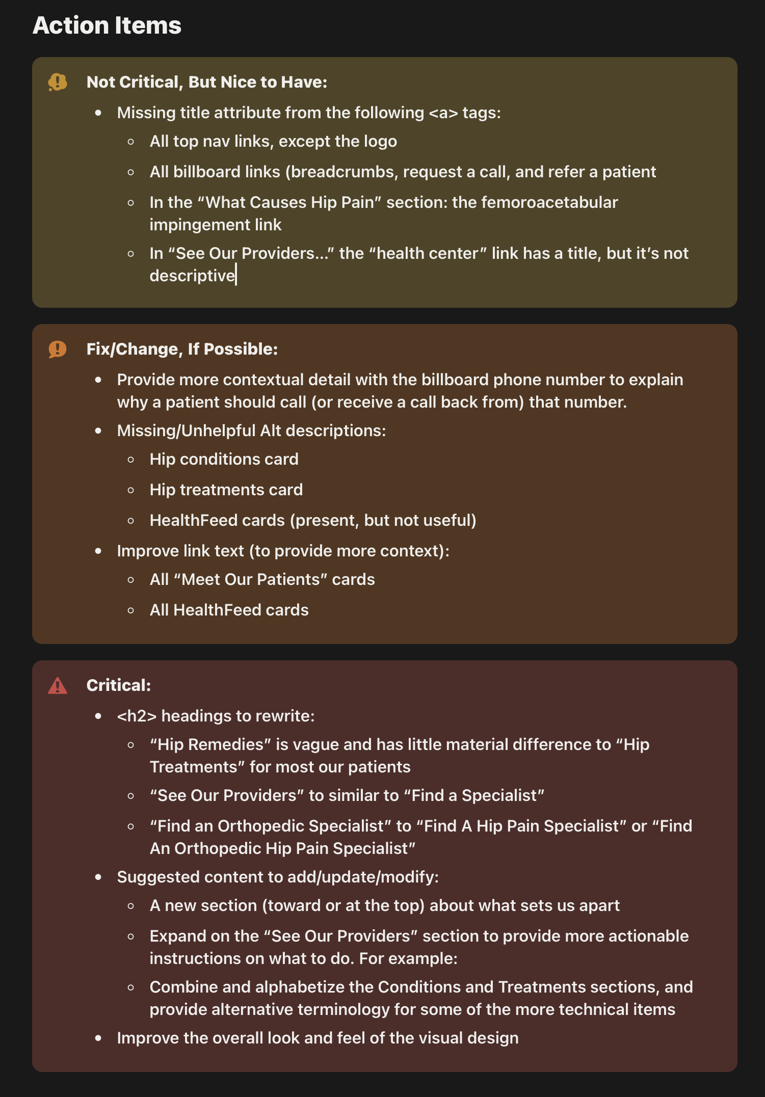 A screenshot of an example action items section, broken into three prioritization categories.