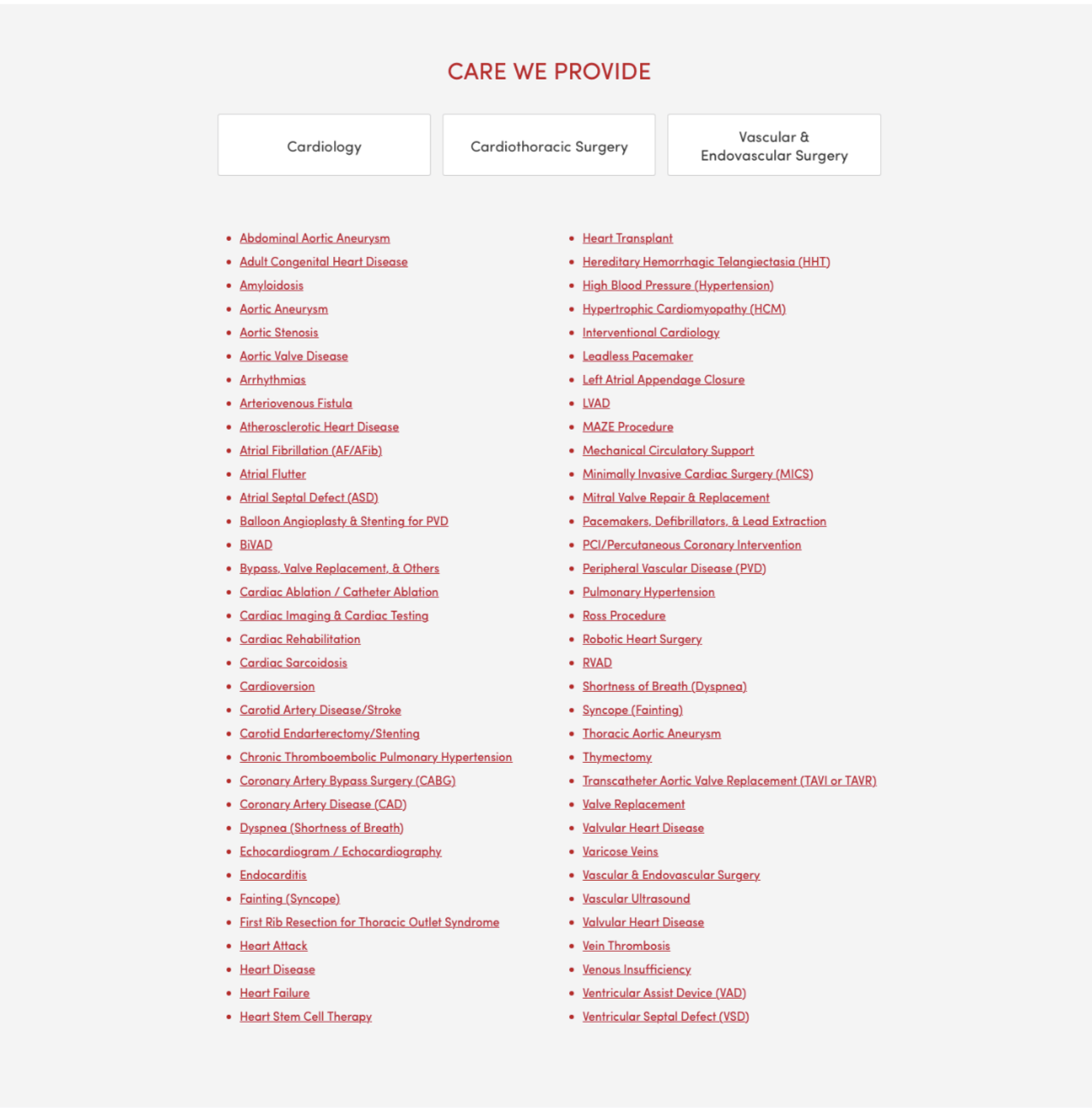 Screenshot of alphabetized treatments list